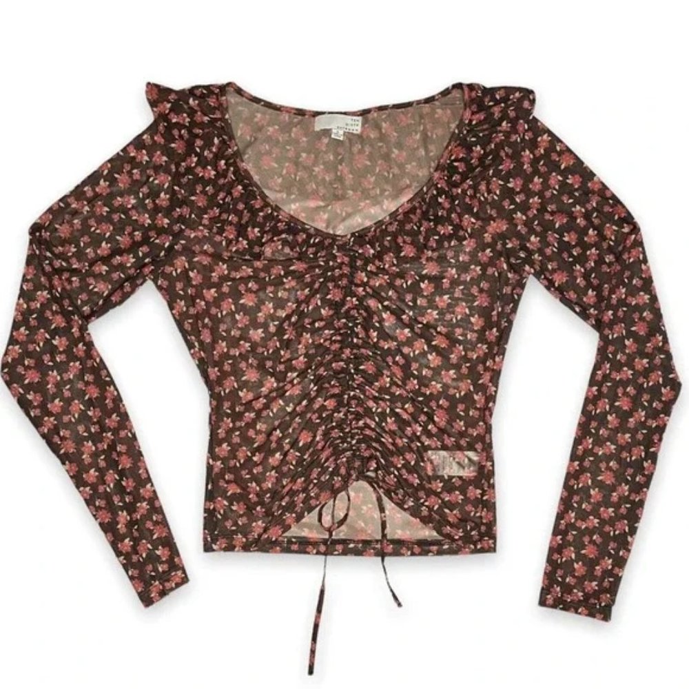 Ten Sixty Sherman - Brown Floral Bodycon Long Sleeve Sheer Mesh Top Size S NWT